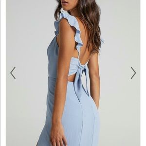 MORE THAN THIS RUFFLE STRAP MAXI DRESS IN LIGHT BLUE